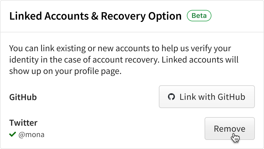 Screenshot of linking from Account Setting with a cursor hovering over remove button